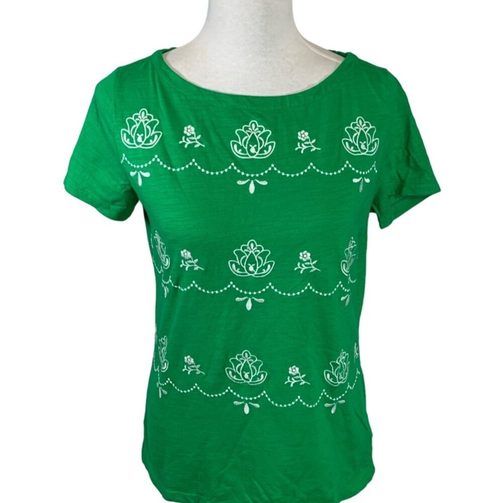 Rebecca Malone Floral Embroidered T Shirt Sz M Shamrock Green Short Sleeve Casua